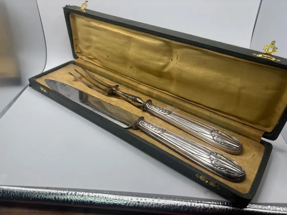 ANTIQUE FRENCH SILVER ROAST CARVING SET Charles Murat CATTAILS BOX .950